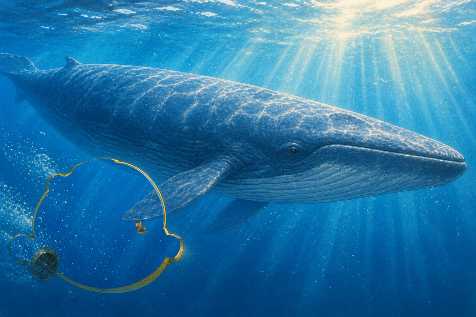 小さな黄色い潜水艇の前に現れた巨大なシロナガスクジラ